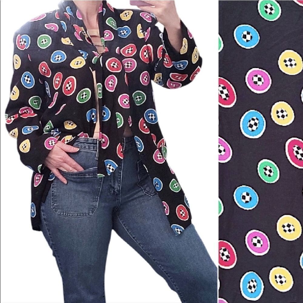 VTG‎ 80s Colorful Printed Buttons Front Tie Rayon Blazer Blouse *Fits like Large